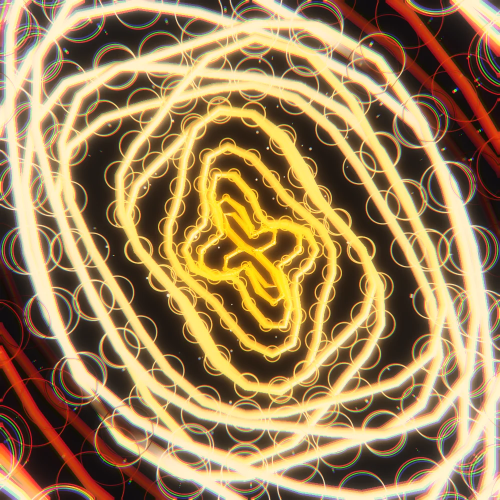Nova Garden – Spiral · 300 circles · 2-fold symmetry · Supernova palette · ribbons + dots, bloom, chromatic aberration, warm grade, 3D depth generated with Espiralito