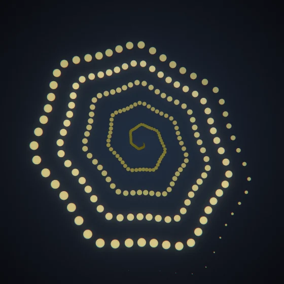 Olive Bloom – Superformula · 133 circles · 7-fold symmetry · Olive palette · bloom, chromatic aberration, film grain, warm grade, 3D depth, depth sorting