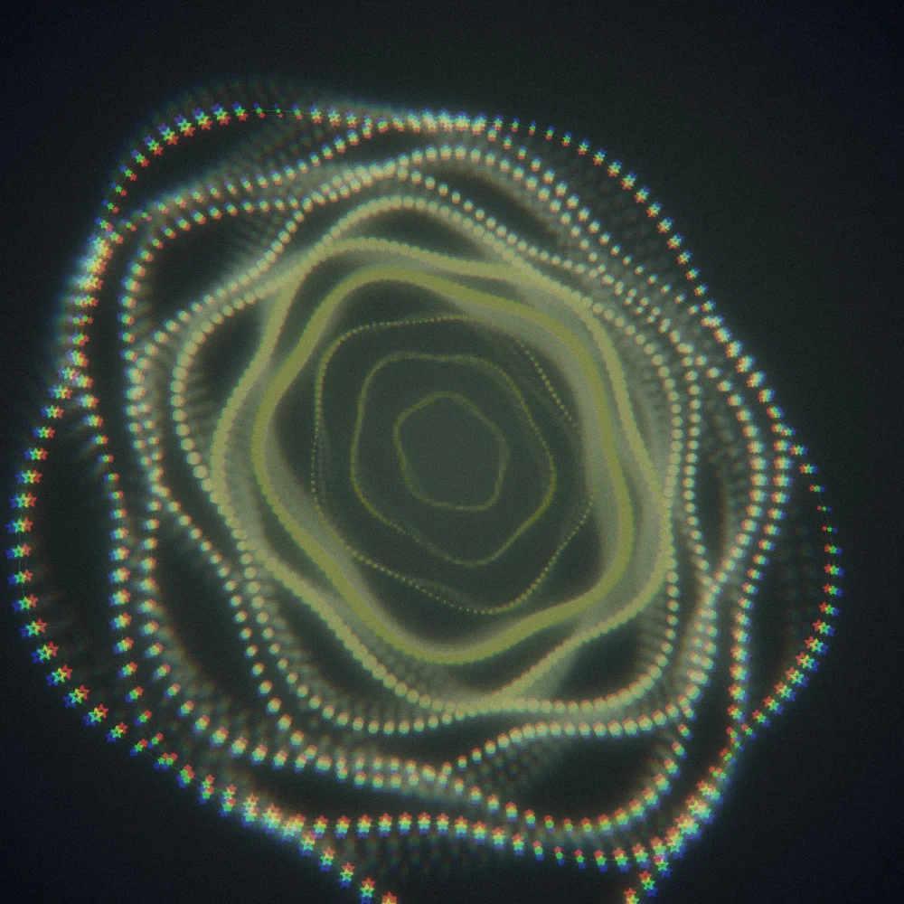 Olive Bloom – Superformula · 155 squares · 5-fold symmetry · Olive palette · bloom, chromatic aberration, film grain, 3D depth, tapered strokes, shape morphing, animated background, glow, motion trails, noise-sized shapes, depth sorting, connecting lines generated with Espiralito