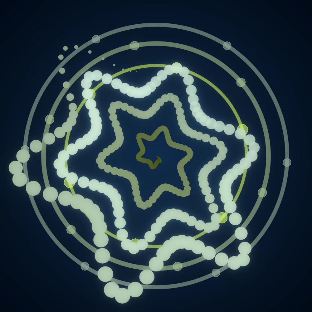 Olive Crest – Superformula · 152 circles · 6-fold symmetry · Olive palette · bloom, cool grade, 3D depth, depth sorting generated with Espiralito