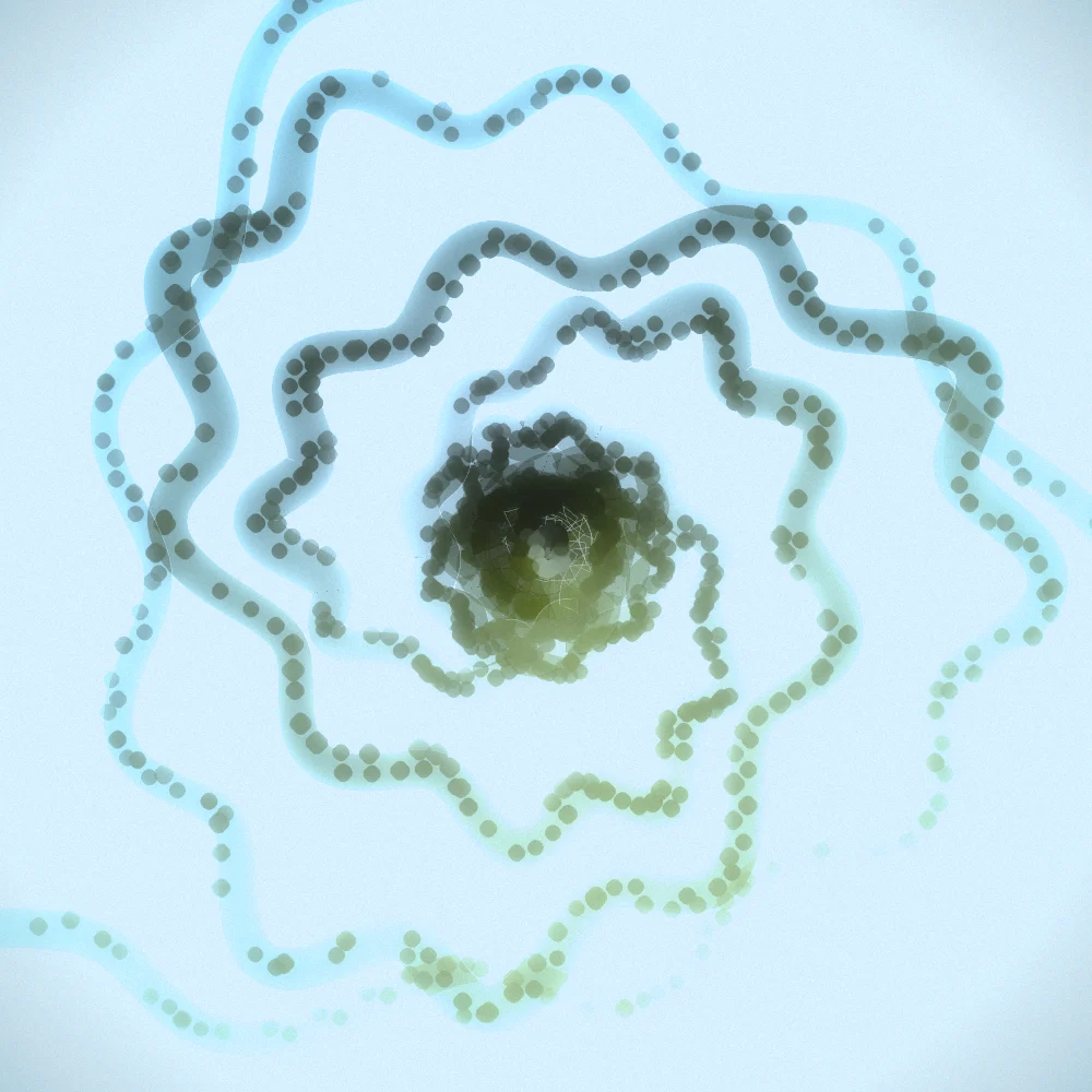 Olive Nautilus – Organic · 123 diamonds · 3-fold symmetry · Olive palette · bloom, film grain, cool grade, 3D depth, tapered strokes generated with Espiralito