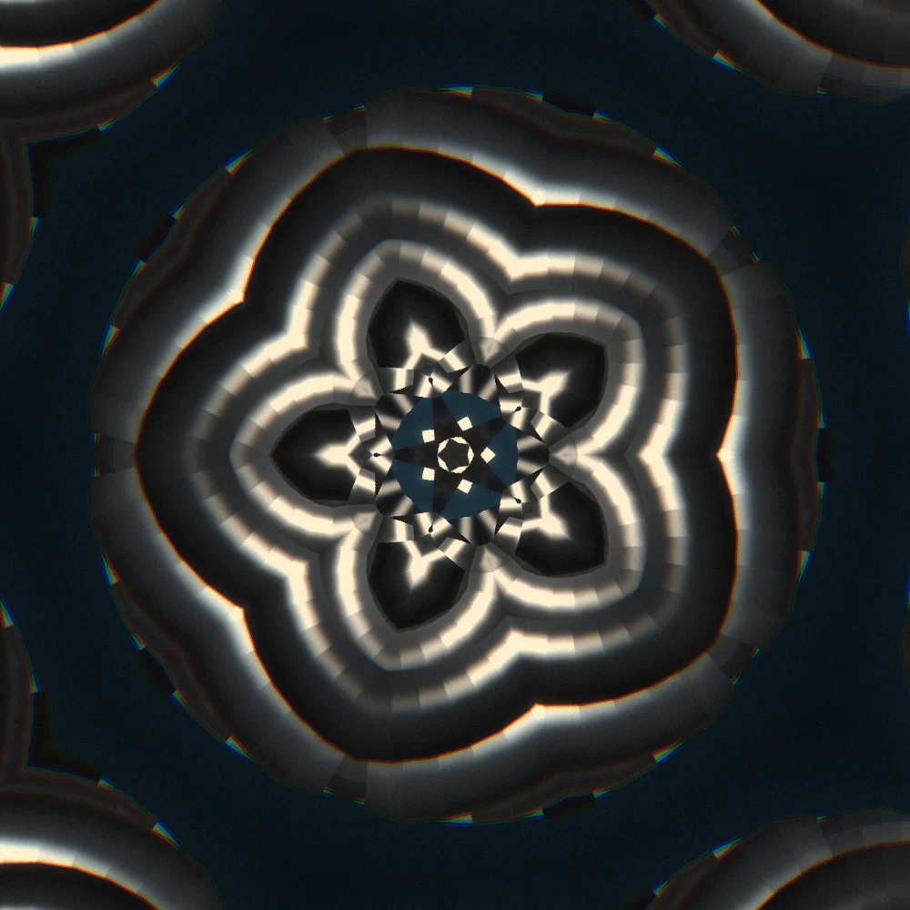 Onyx Kaleidoscope – Fibonacci · 202 circles · Black palette · shaded ribbons, 5-wedge kaleidoscope with 1 fractal fold, bloom, chromatic aberration, film grain, warm grade, 3D depth, connecting lines generated with Espiralito