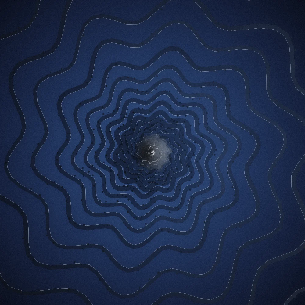 Onyx Nautilus – Organic · 179 circles · 5-fold symmetry · Black palette · bloom, film grain, tapered strokes generated with Espiralito
