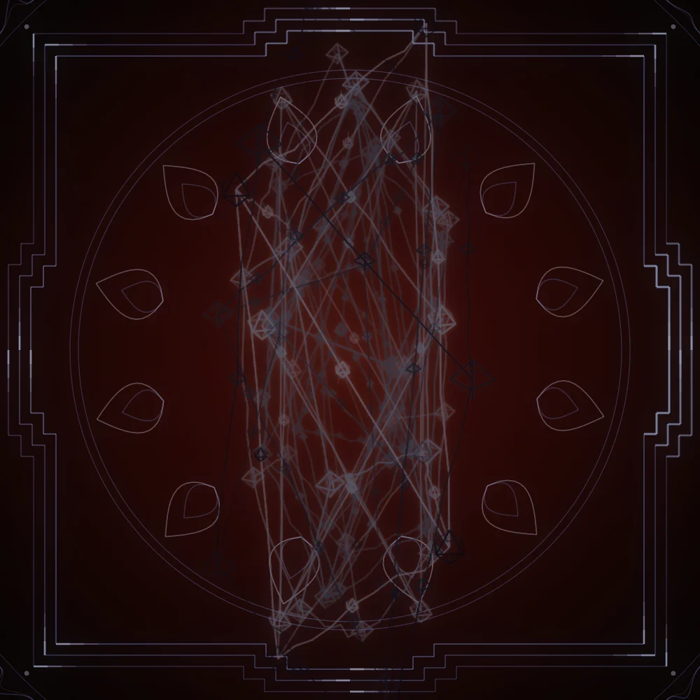 Onyx Octahedra – Mandala · 245 wireframe octahedra · Black palette · bloom, ellipse distortion, glow, turning solids generated with Espiralito