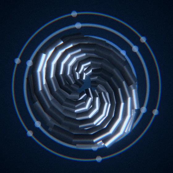 Onyx Seedhead – Fibonacci · 107 circles · Black palette · shaded ribbons, bloom, chromatic aberration, film grain, cool grade, 3D depth
