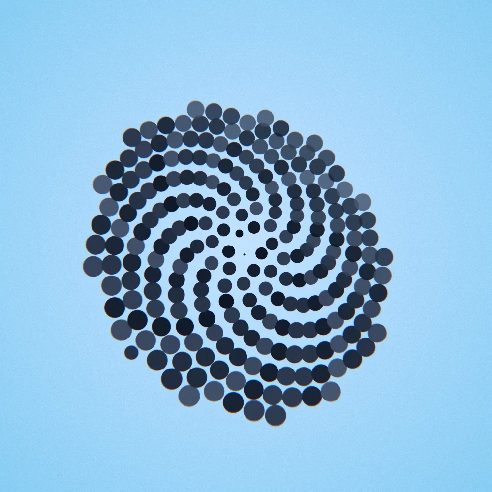 Onyx Seedhead – Fibonacci · 116 circles · Black palette · chromatic aberration, film grain, cool grade, 3D depth, depth sorting generated with Espiralito