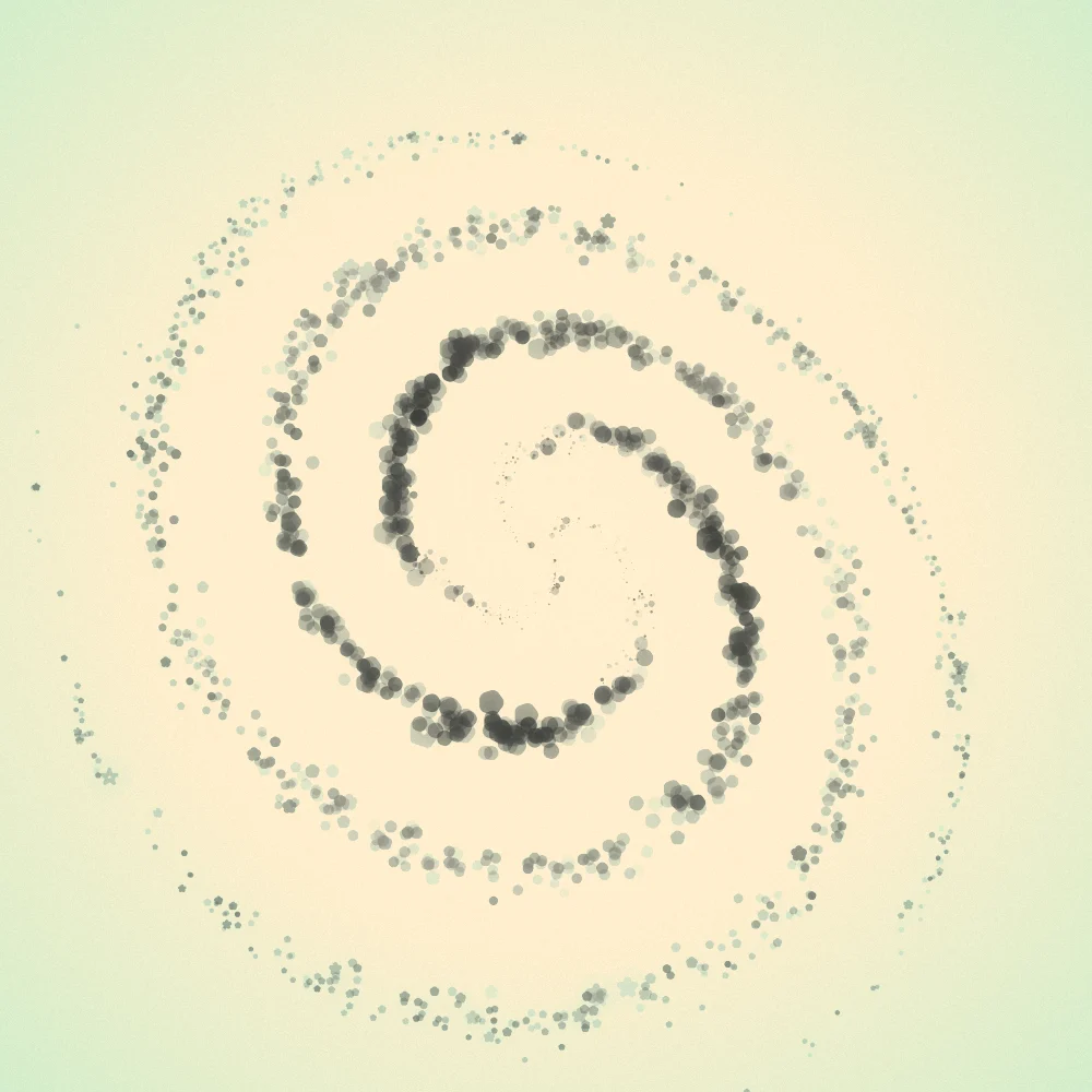 Onyx Vortex – Spiral · 198 circles · 3-fold symmetry · Black palette · shaded ribbons, bloom, film grain, warm grade, 3D depth, tapered strokes, shape morphing, animated background, glow, noise-sized shapes generated with Espiralito