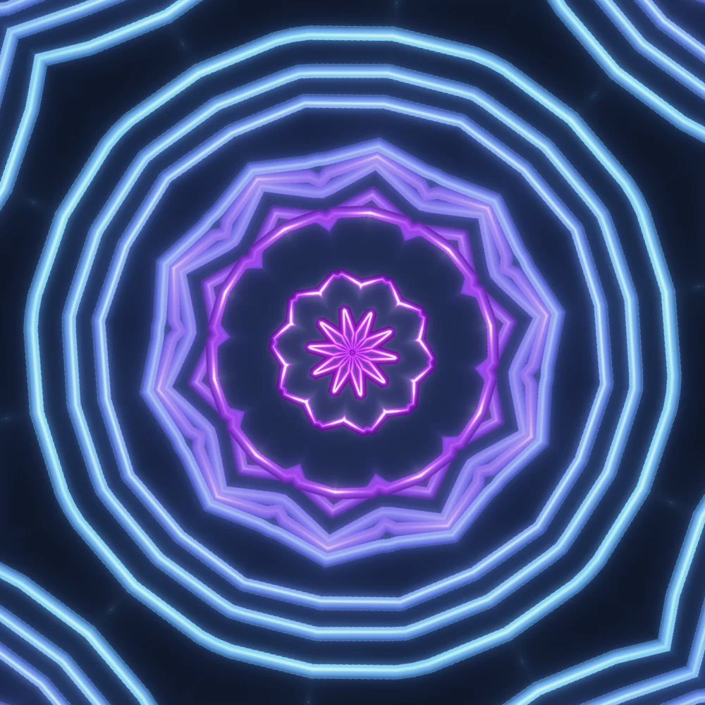 Opal Window – Spiral · 300 circles · 2-fold symmetry · Iridescent palette · shaded ribbons, 10-wedge kaleidoscope, bloom generated with Espiralito