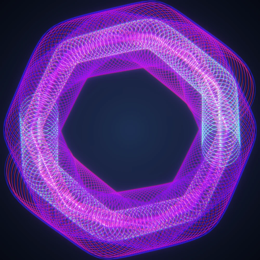 Orchid Knot – Superformula · 300 circles · 2-fold symmetry · Plasma palette · ribbons + dots, bloom, chromatic aberration generated with Espiralito