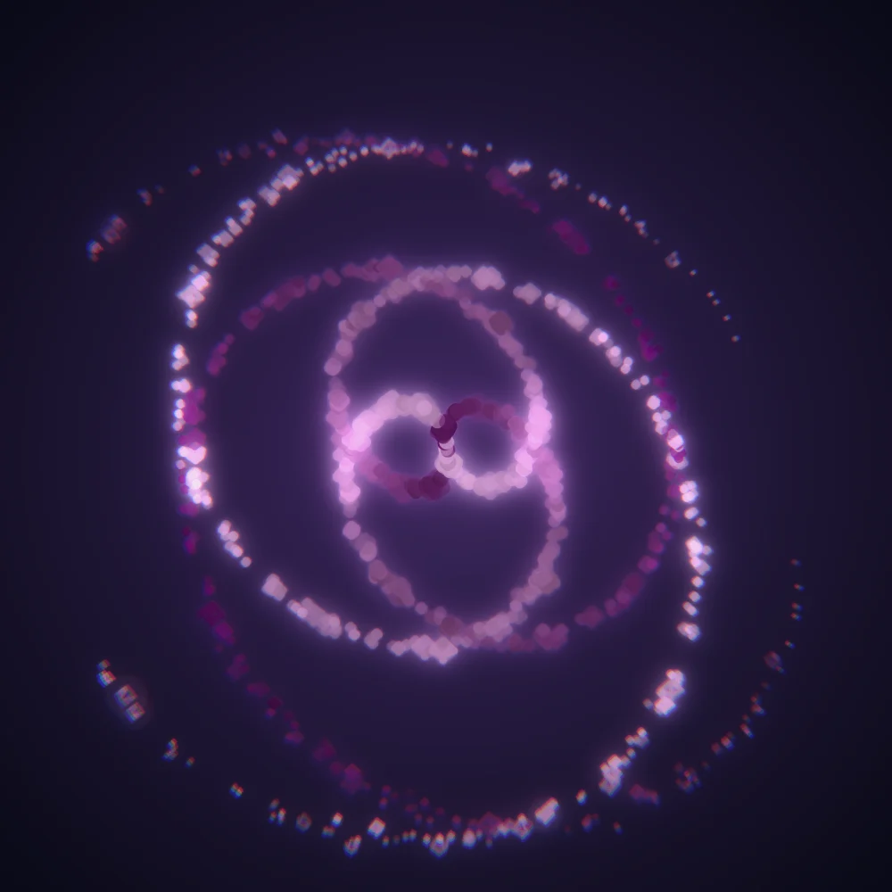 Orchid Octahedra – Spiral · 87 wireframe octahedra · 2-fold symmetry · Orchid palette · bloom, chromatic aberration, 3D depth, dual spiral, tapered strokes, animated background, glow, depth sorting, turning solids generated with Espiralito