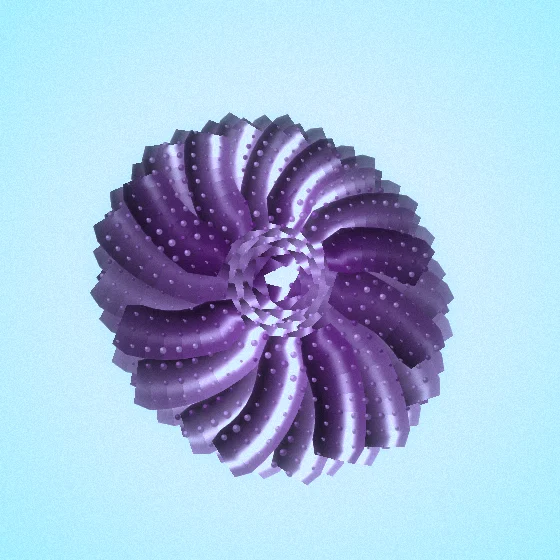 Orchid Sunwheel – Fibonacci · 244 circles · Orchid palette · ribbons + dots, bloom, film grain, cool grade, 3D depth, noise-sized shapes