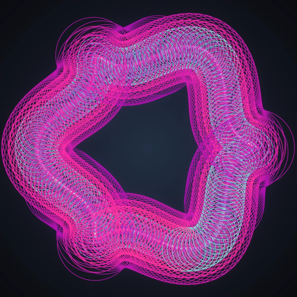 Orchid Veil – Superformula · 300 circles · 3-fold symmetry · Iridescent palette · ribbons + dots, bloom, warm grade generated with Espiralito
