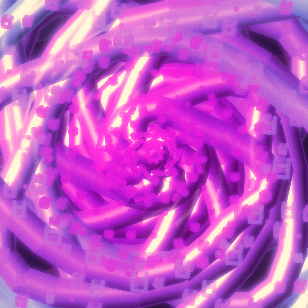 Orchid Vortex – Spiral · 228 wireframe cubes · 8-fold symmetry · Iridescent palette · ribbons + dots, bloom, film grain, warm grade, 3D depth, dual spiral, tapered strokes, glow, noise-sized shapes, connecting lines, turning solids generated with Espiralito