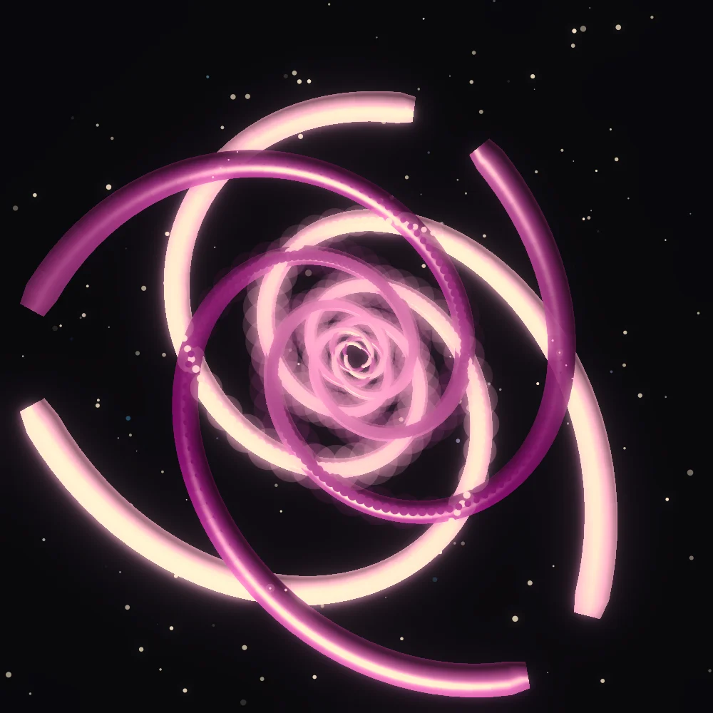 Orchid Whorl – Spiral · 121 circles · 3-fold symmetry · Orchid palette · ribbons + dots, bloom, warm grade, 3D depth, dual spiral, animated background generated with Espiralito