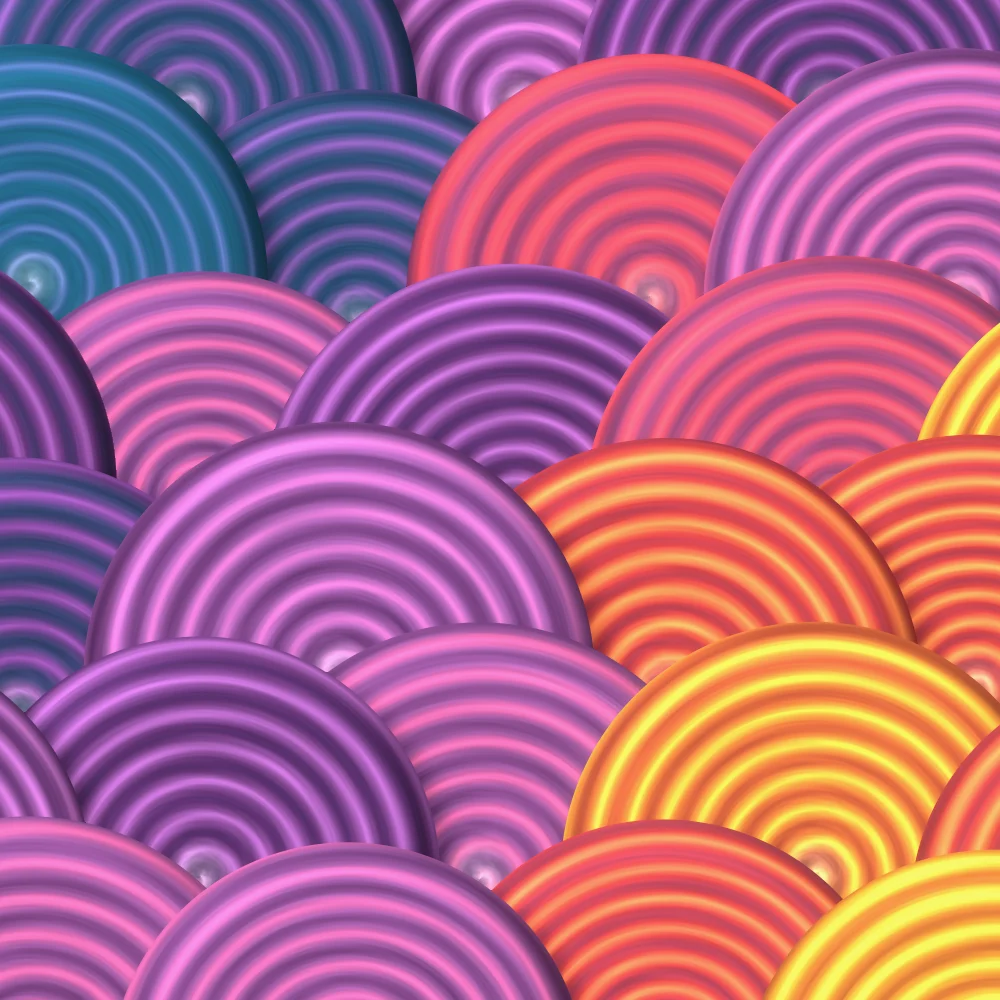 Paintbox Ripples – Swirls · painted swirls overlapping like scales · Paintbox palette · bloom, reverse rotation generated with Espiralito