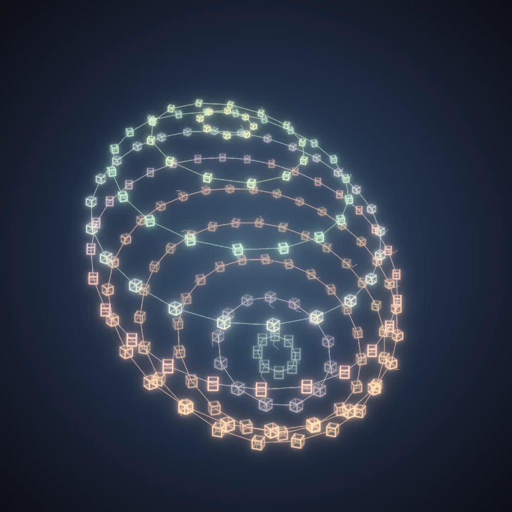 Pastel Cubes – Mandala · 220 wireframe cubes · Pastel palette · bloom, warm grade, 3D depth, glow, depth sorting, turning solids generated with Espiralito