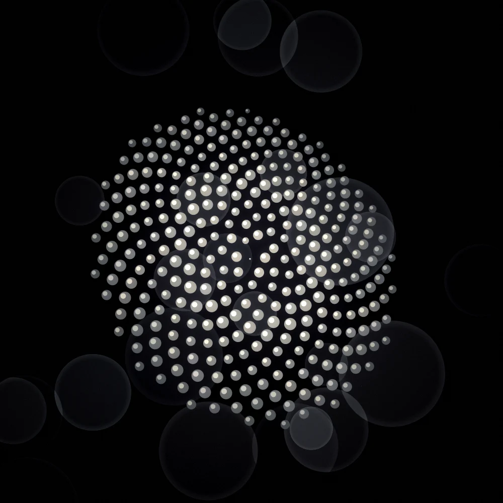 Pastel Seedhead – Fibonacci · 160 circles · Pastel palette · bloom, film grain, black-and-white grade, 3D depth, depth sorting generated with Espiralito