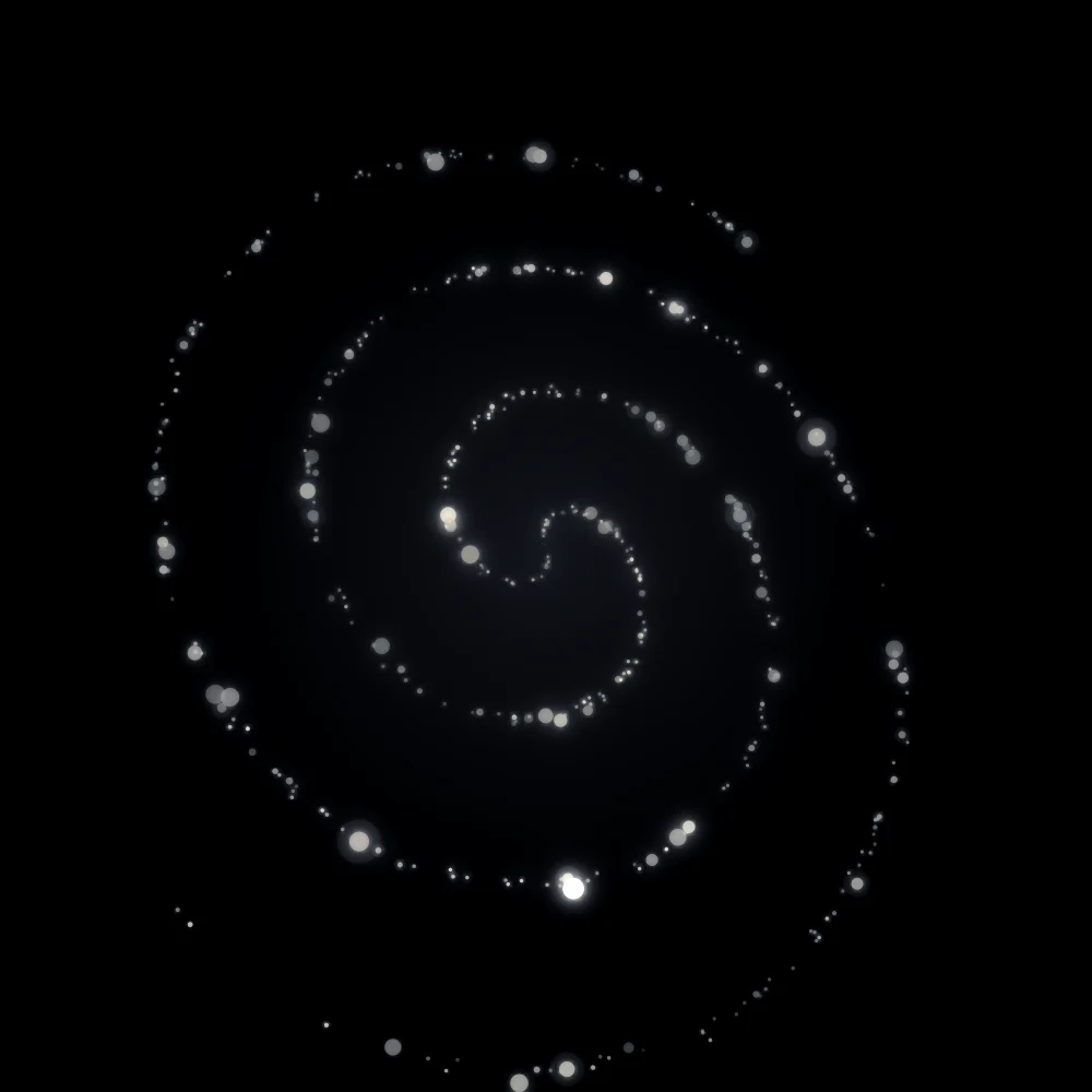 Pastel Whorl – Spiral · 75 circles · 2-fold symmetry · Pastel palette · shaded ribbons, bloom, black-and-white grade, 3D depth, glow generated with Espiralito