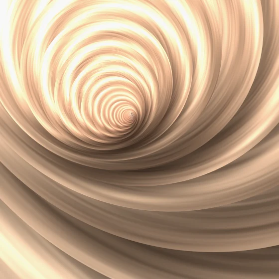 Peach Tunnel – Swirls · a stack of paper discs sinking into a tunnel · 3 arms · Peach palette · bloom, reverse rotation