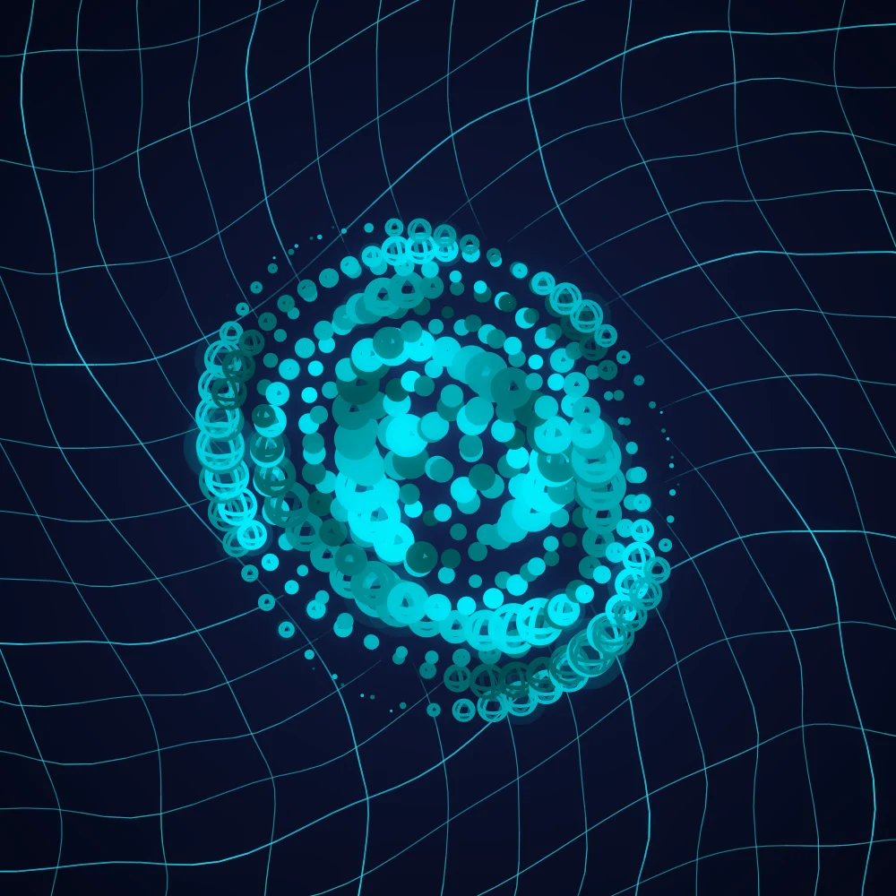 Peacock Pearls – Spiral · 80 wireframe spheres · 3-fold symmetry · Peacock palette · bloom, cool grade, 3D depth, reverse rotation, dual spiral, tapered strokes, fit-to-canvas, noise-sized shapes, depth sorting, turning solids generated with Espiralito