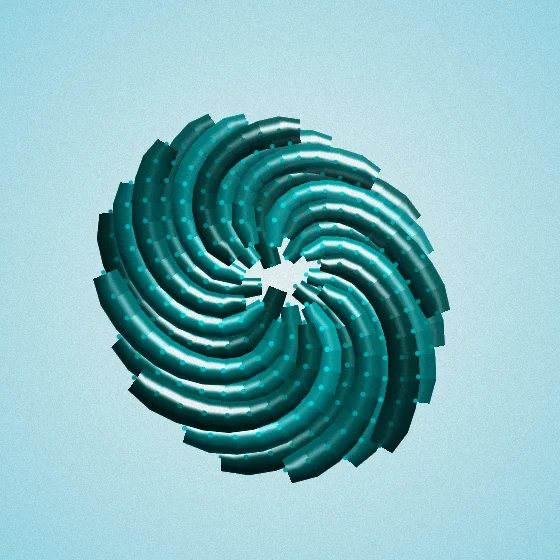 Peacock Seedhead – Fibonacci · 128 circles · Peacock palette · shaded ribbons, film grain, 3D depth