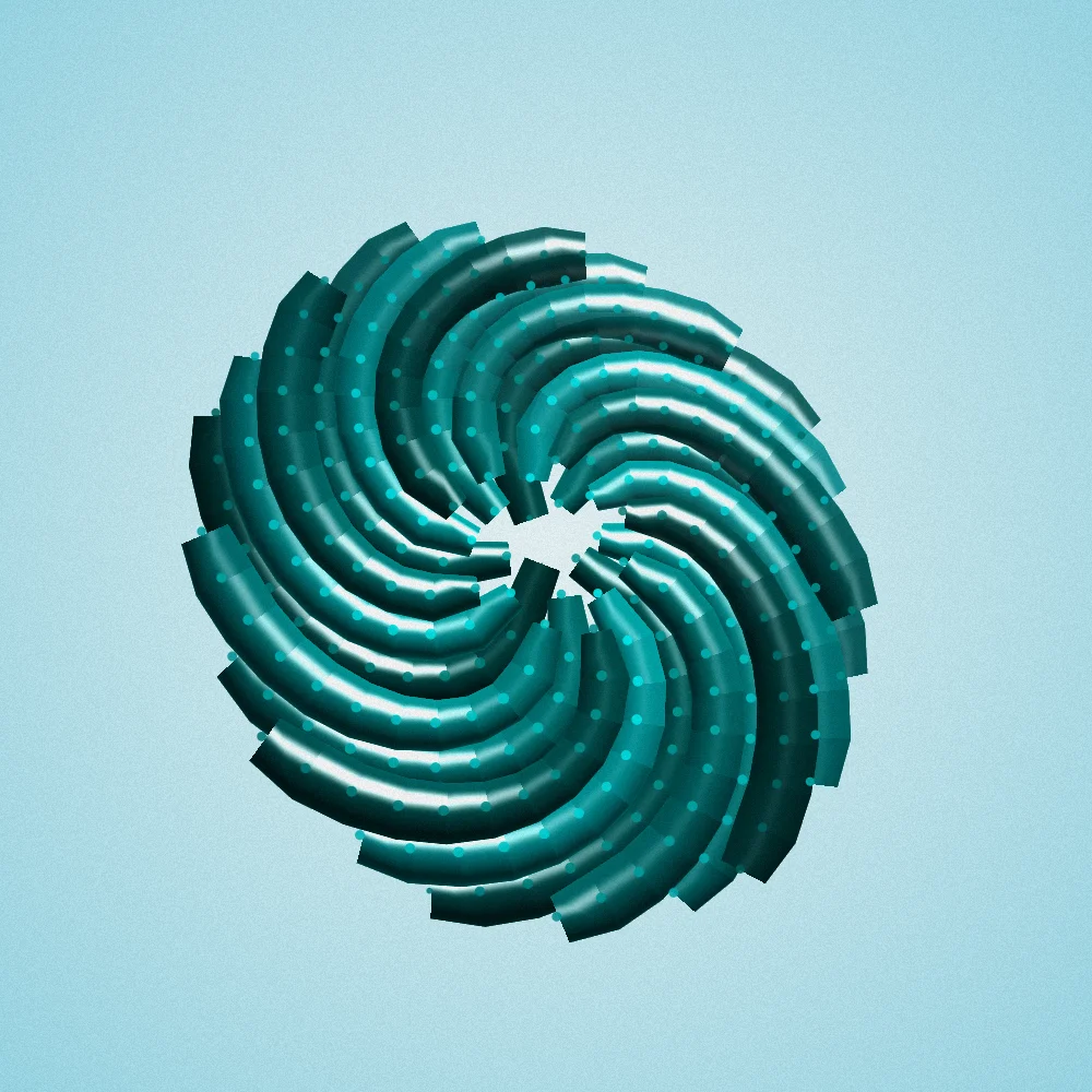 Peacock Seedhead – Fibonacci · 128 circles · Peacock palette · shaded ribbons, film grain, 3D depth generated with Espiralito