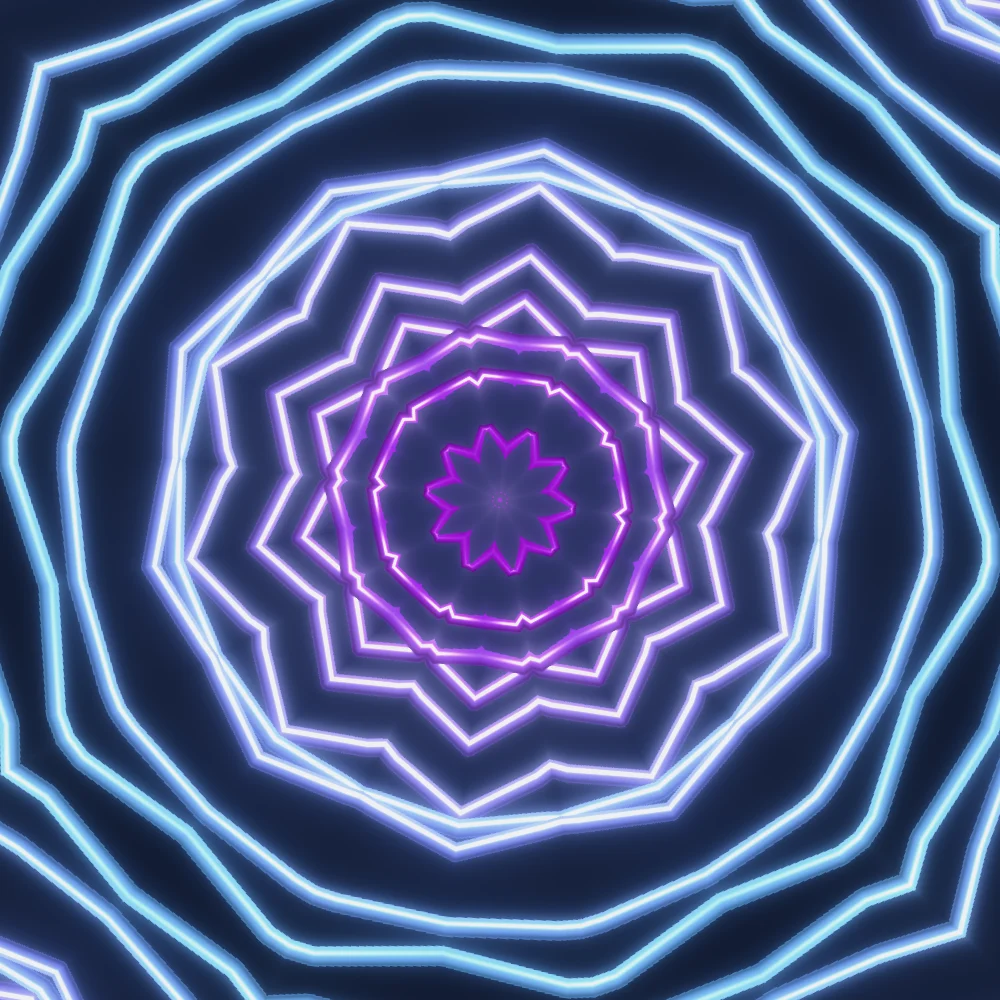 Peacock Window – Spiral · 300 circles · 2-fold symmetry · Iridescent palette · shaded ribbons, 10-wedge kaleidoscope, bloom generated with Espiralito
