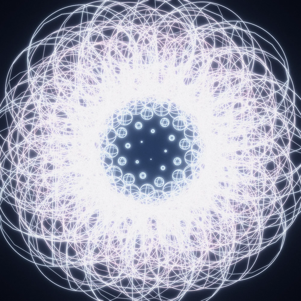Pearl Orbs – Fibonacci · 170 wireframe spheres · Candy palette · bloom, film grain, glow, turning solids generated with Espiralito