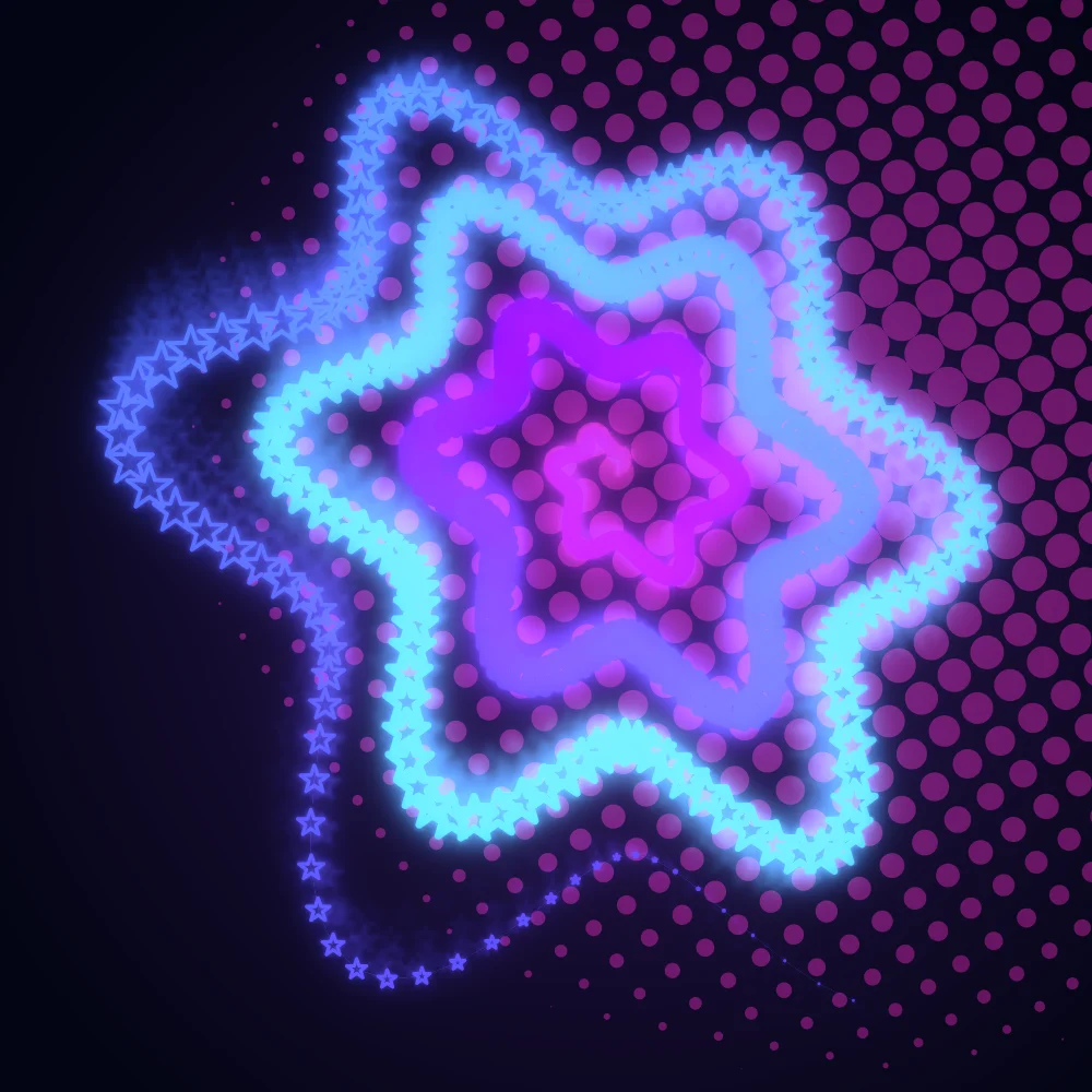 Prism Chalice – Superformula · 233 circles · 6-fold symmetry · Iridescent palette · bloom, cool grade, 3D depth, reverse rotation, tapered strokes, shape morphing, animated background, fit-to-canvas, glow, motion trails, depth sorting, connecting lines generated with Espiralito