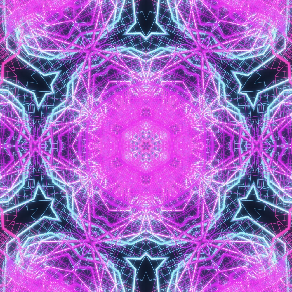 Prism Chapel – Spirograph · 300 wireframe cubes · 2-fold symmetry · Iridescent palette · ribbons + dots, 6-wedge kaleidoscope with 1 fractal fold, bloom, turning solids generated with Espiralito