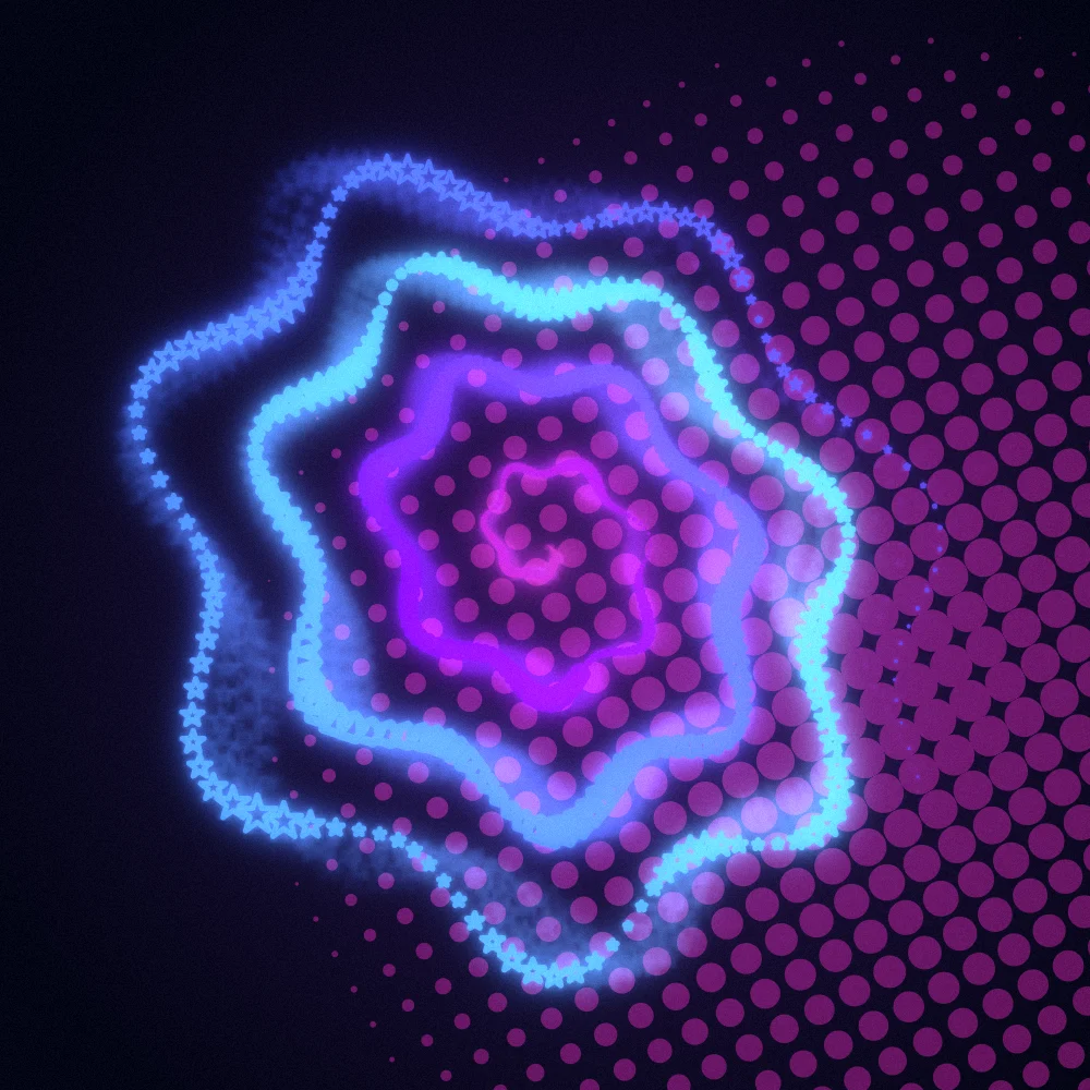 Prism Crest – Superformula · 250 circles · 7-fold symmetry · Iridescent palette · bloom, film grain, cool grade, 3D depth, tapered strokes, shape morphing, animated background, glow, motion trails, noise-sized shapes, depth sorting generated with Espiralito