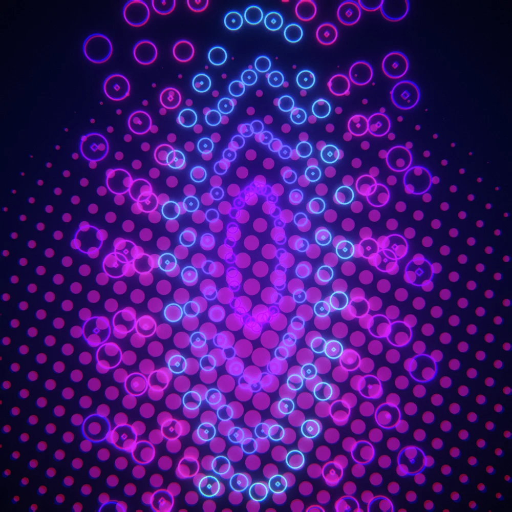 Prism Halo – Mandala · 220 circles · Iridescent palette · bloom, chromatic aberration, film grain, cool grade, ellipse distortion, glow generated with Espiralito