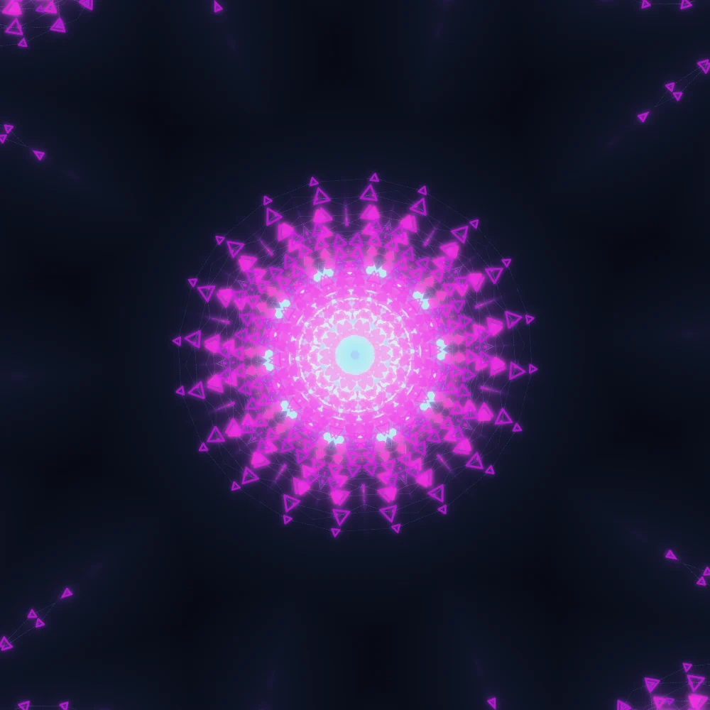 Prism Kaleidoscope – Spiral · 294 triangles · 11-fold symmetry · Iridescent palette · 10-wedge kaleidoscope with 1 fractal fold, bloom, 3D depth, ellipse distortion, tapered strokes, fit-to-canvas, glow, noise-sized shapes, depth sorting, connecting lines generated with Espiralito