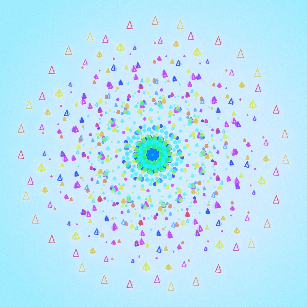 Prism Shards – Spiral · 159 wireframe pyramids · 9-fold symmetry · Rainbow palette · bloom, film grain, cool grade, 3D depth, ellipse distortion, tapered strokes, animated background, fit-to-canvas, glow, noise-sized shapes, depth sorting, connecting lines, turning solids generated with Espiralito