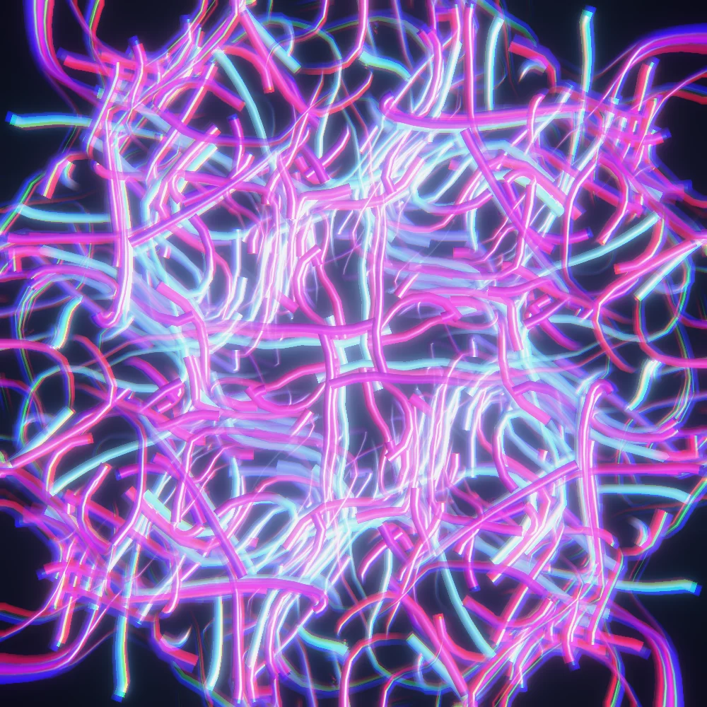 Prism Wake – Flow field · 4-fold symmetry · Iridescent palette · shaded flow ribbons, bloom, chromatic aberration generated with Espiralito