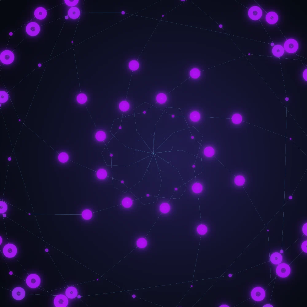 Prism Whorl III – Spiral · 235 diamonds · 9-fold symmetry · Iridescent palette · bloom, 3D depth, ellipse distortion, tapered strokes, shape morphing, animated background, glow, noise-sized shapes, depth sorting, connecting lines generated with Espiralito