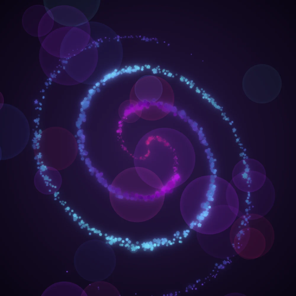Prism Whorl – Spiral · 235 circles · 2-fold symmetry · Iridescent palette · ribbons + dots, bloom, 3D depth, tapered strokes, shape morphing, glow, noise-sized shapes generated with Espiralito