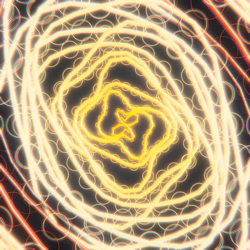 Quasar Garden – Spiral · 300 circles · 2-fold symmetry · Supernova palette · ribbons + dots, bloom, chromatic aberration, warm grade, 3D depth generated with Espiralito