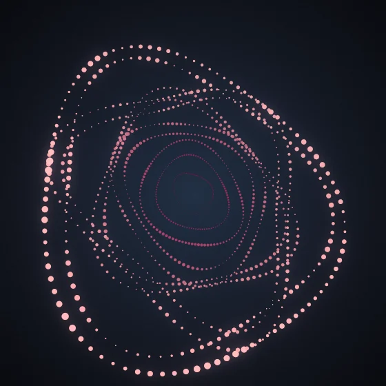 Rose Bloom – Superformula · 136 circles · 3-fold symmetry · Rose palette · bloom, film grain, warm grade, 3D depth, noise-sized shapes, depth sorting