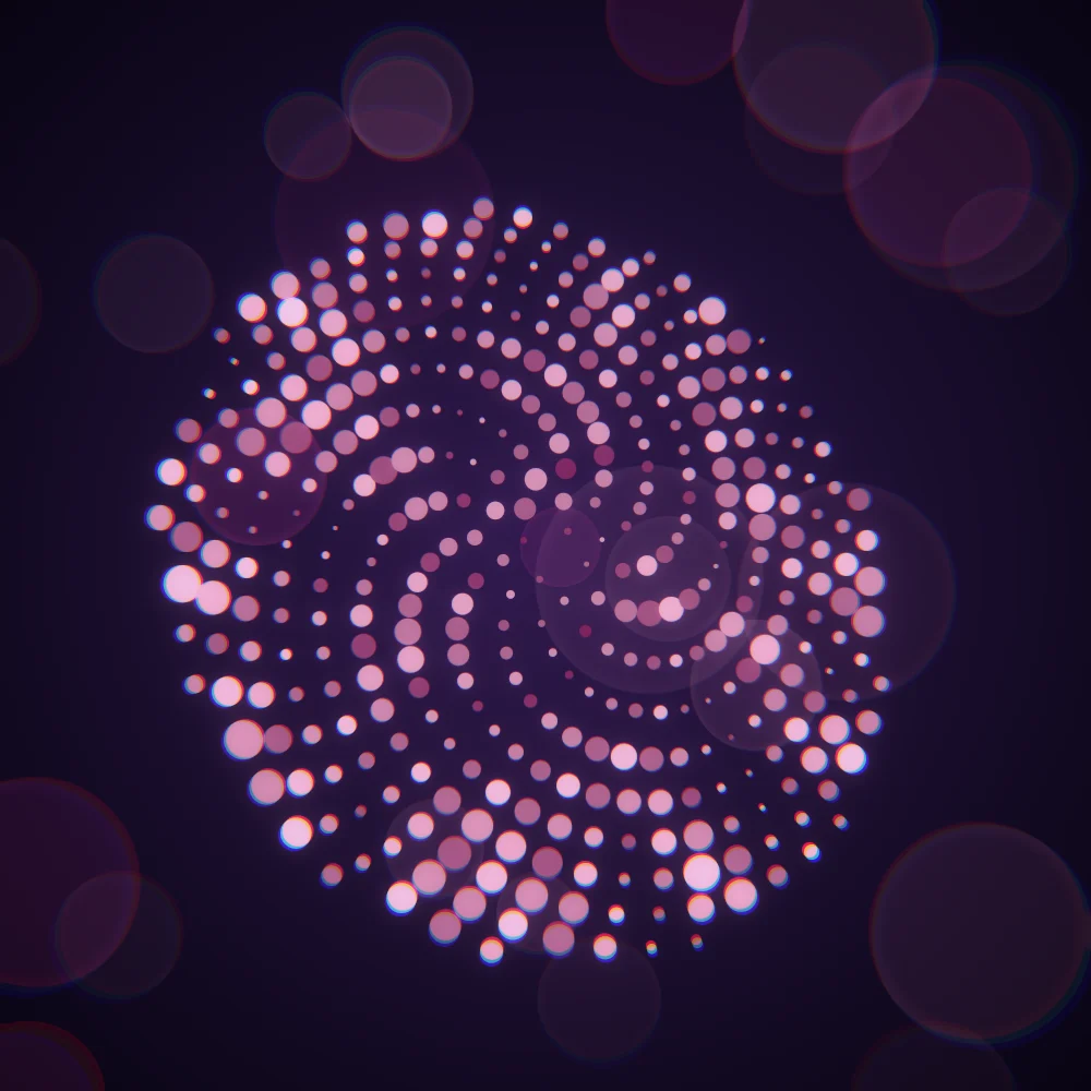 Rose Seedhead – Fibonacci · 192 circles · Rose palette · bloom, chromatic aberration, 3D depth, noise-sized shapes, depth sorting generated with Espiralito