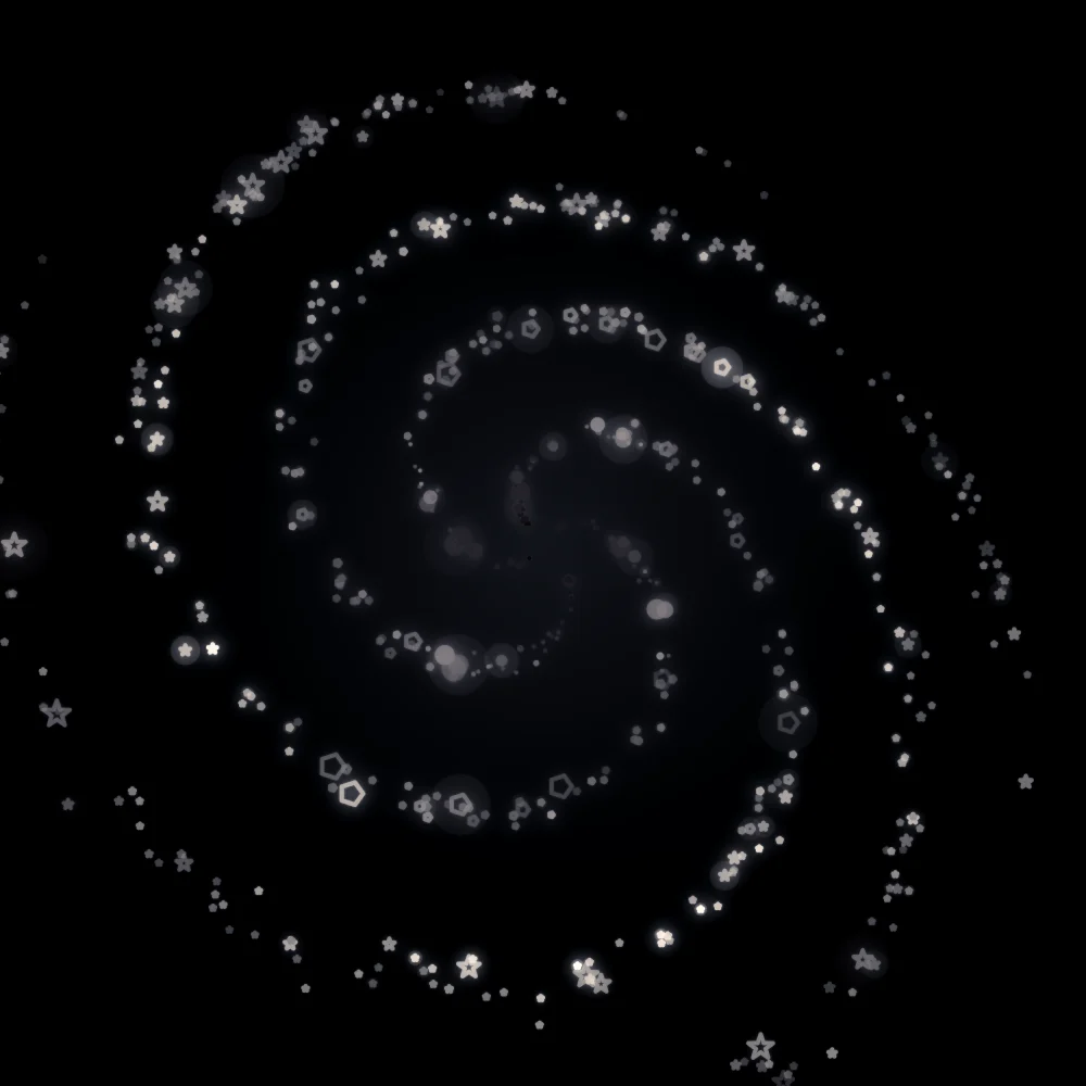 Rose Whorl – Spiral · 69 squares · 4-fold symmetry · Rose palette · bloom, black-and-white grade, 3D depth, shape morphing, glow, depth sorting generated with Espiralito