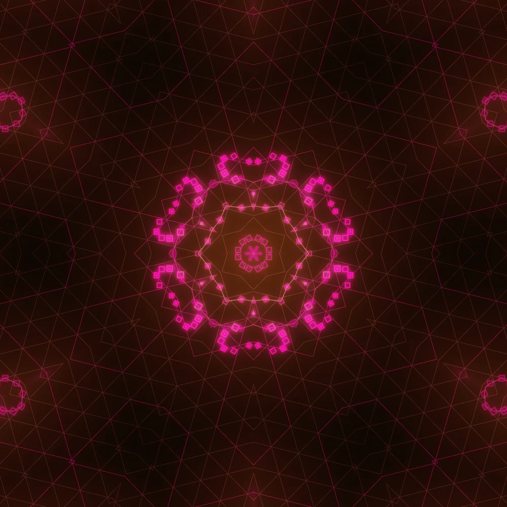 Ruby Web – Mandala · 220 diamonds · Mono Magenta palette · 6-wedge kaleidoscope with 1 fractal fold, bloom, warm grade, glow generated with Espiralito