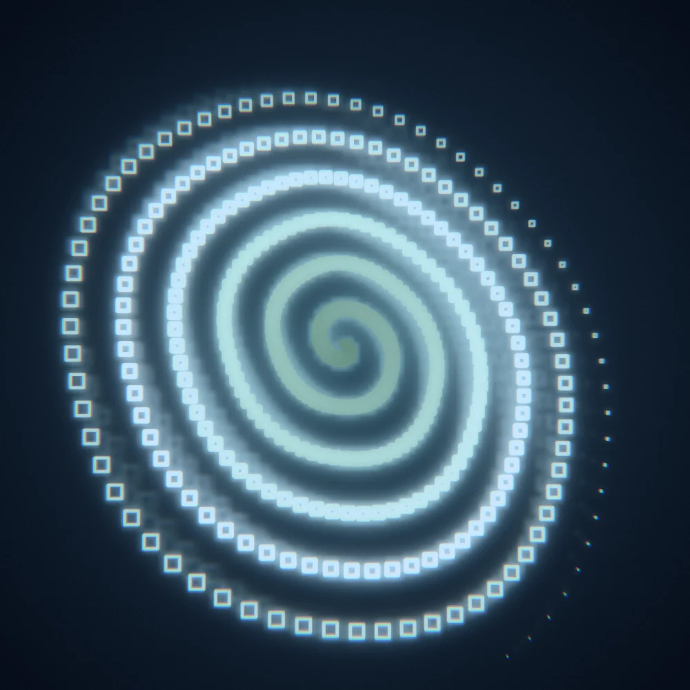Sage Bloom – Superformula · 205 squares · 5-fold symmetry · Sage palette · bloom, chromatic aberration, film grain, cool grade, 3D depth, tapered strokes, animated background, glow, motion trails, depth sorting generated with Espiralito