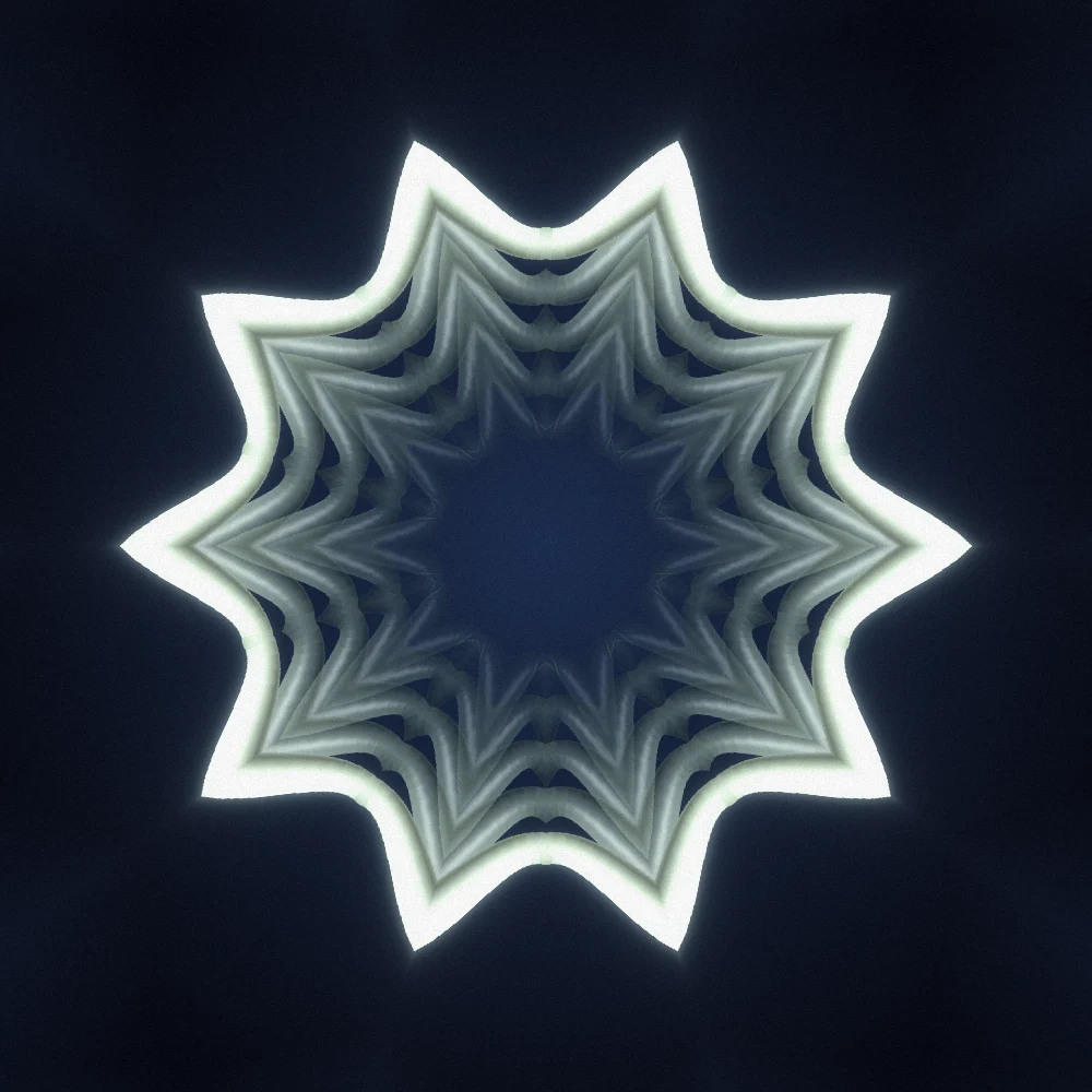 Sage Kaleidoscope – Superformula · 125 circles · 7-fold symmetry · Sage palette · shaded ribbons, 10-wedge kaleidoscope with 1 fractal fold, bloom, film grain, 3D depth generated with Espiralito