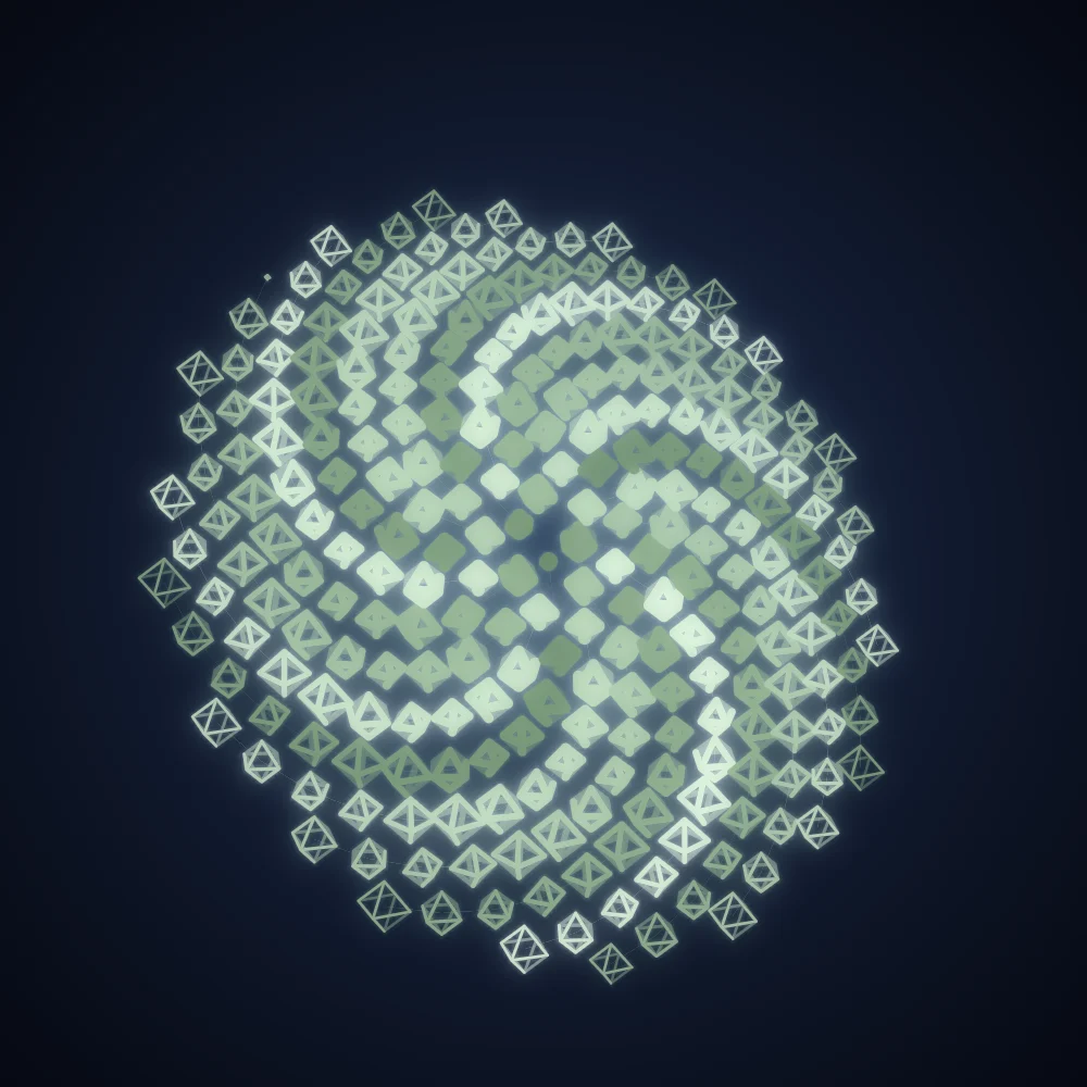 Sage Octahedra – Fibonacci · 128 wireframe octahedra · Sage palette · bloom, 3D depth, tapered strokes, glow, depth sorting, connecting lines, turning solids generated with Espiralito