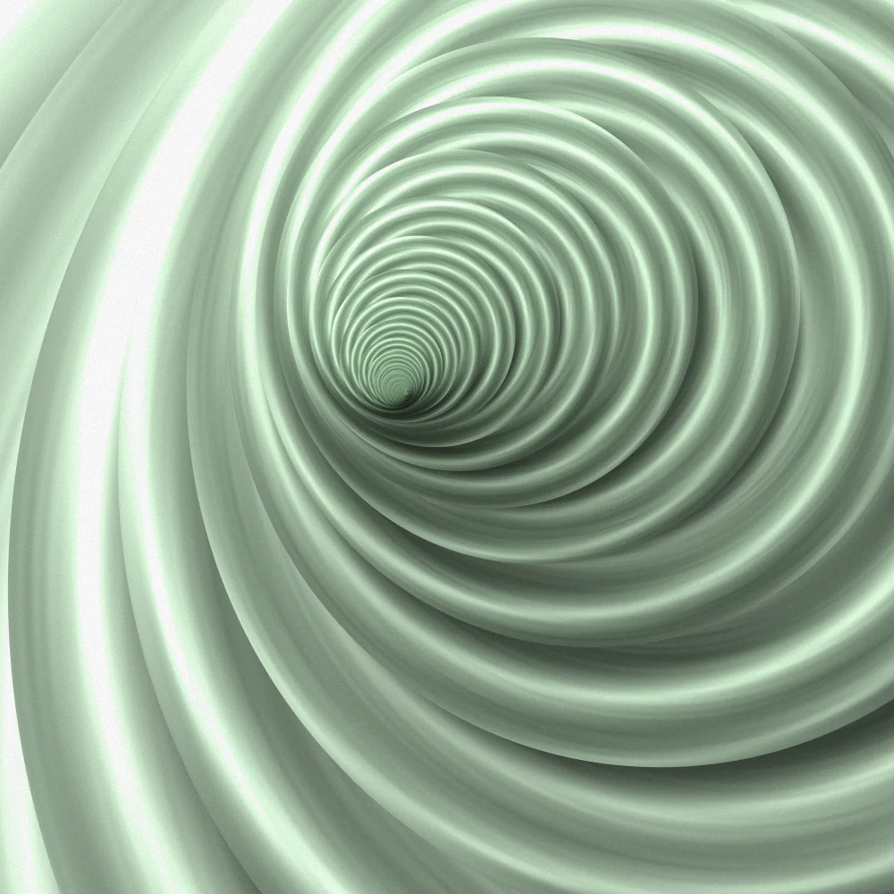 Sage Tunnel – Swirls · a stack of paper discs sinking into a tunnel · 3 arms · Sage palette · film grain, reverse rotation generated with Espiralito