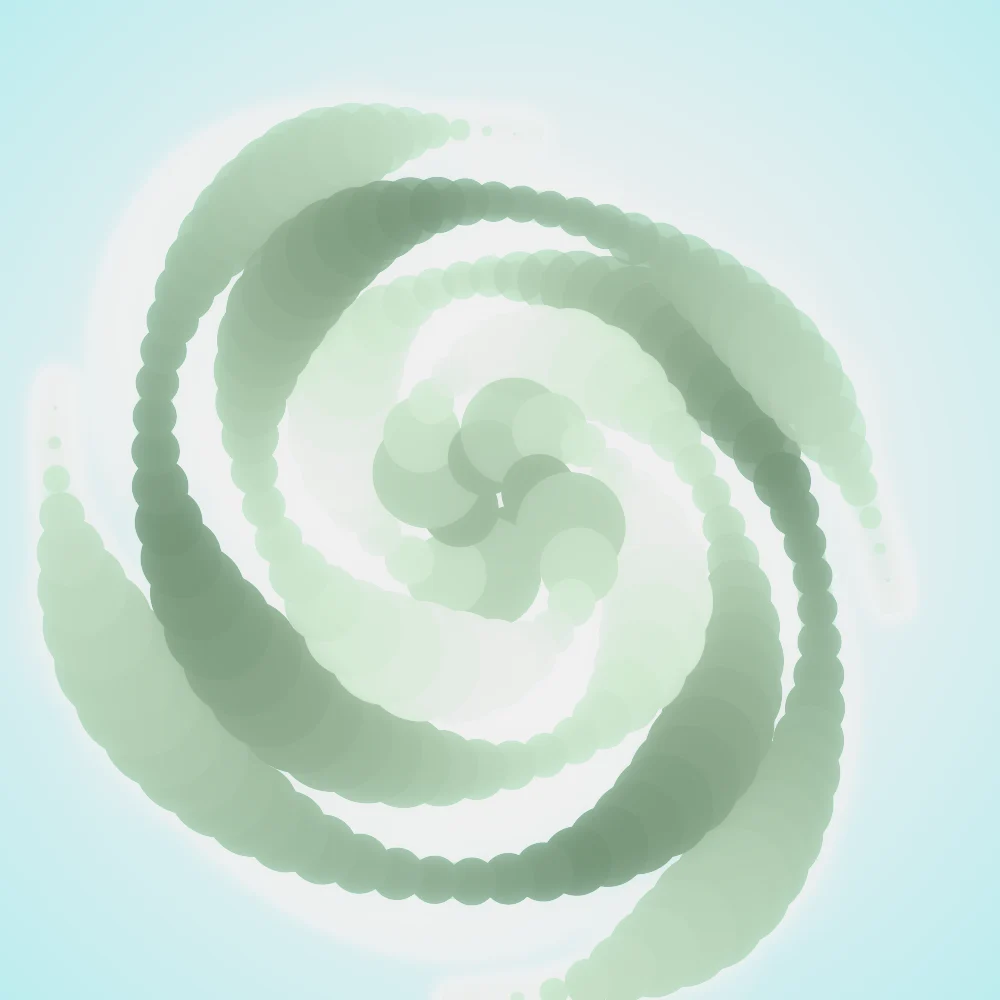 Sage Whorl – Spiral · 99 circles · 4-fold symmetry · Sage palette · ribbons + dots, bloom, 3D depth, glow, motion trails generated with Espiralito