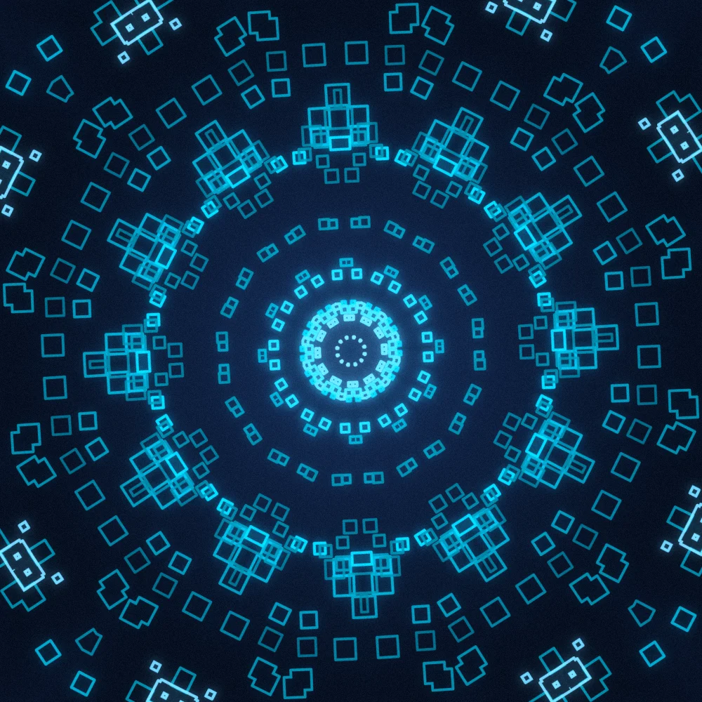 Sapphire Grid – Spiral · 185 diamonds · 9-fold symmetry · Mono Cyan palette · 12-wedge kaleidoscope with 1 fractal fold, bloom, film grain, cool grade, 3D depth, dual spiral, depth sorting generated with Espiralito