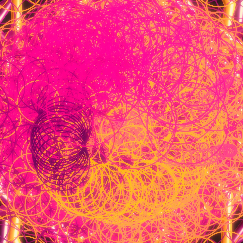 Scarlet Loops – Spirograph · 203 circles · 10-fold symmetry · Blood Moon palette · ribbons + dots, bloom, warm grade, 3D depth generated with Espiralito