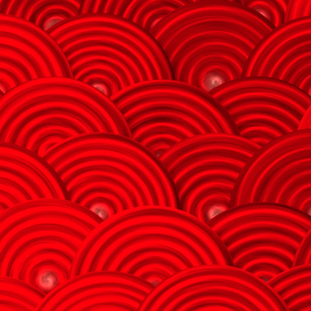 Scarlet Scales – Swirls · painted swirls overlapping like scales · Scarlet palette · film grain, warm grade, reverse rotation generated with Espiralito